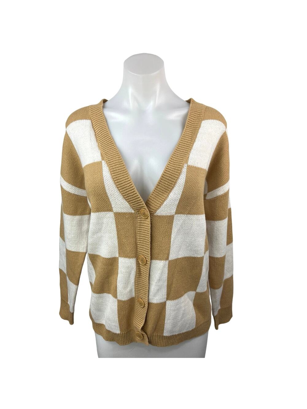 NEW Glassons Tan White Knit Neutral Check V Neck Cardigan Sweater Top Size XS